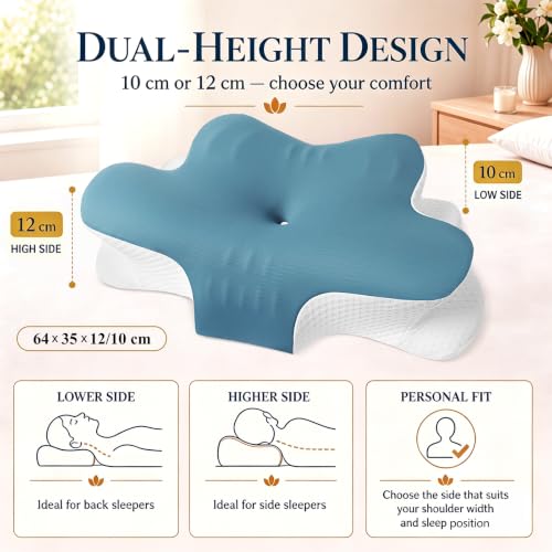 Cervical Neck Pillow for Neck and Shoulder Pain Relief, Ergonomic Memory Foam Contour Pillow with Armrest Grooves, Cooling Washable Cover & Dual-Height Support for Side and Back Sleepers