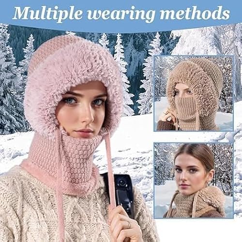 3 in 1 Beanie Hat for Women 2026 Warm Women's Outdoors Windproof Scarf Fall Hat Knitted Wind Resistant Ski Mask Set