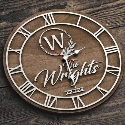 Personalized Vintage Wooden Texture Wall Clock- Custom Name Letter Round Clock, Customized Family Clock for Kitchen Living Room Bathroom Christmas Housewarming Gifts (Custom text clock) (Wall Clock A)