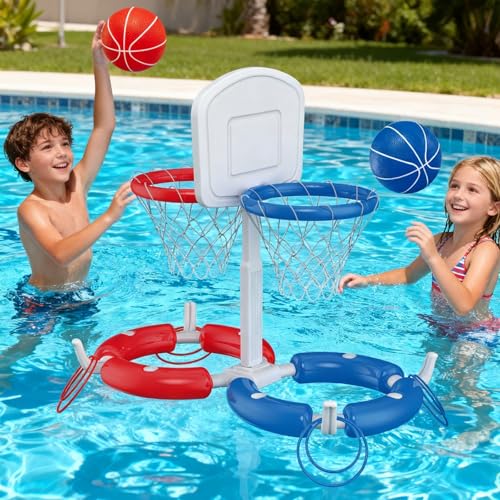 Dual Pool Basketball Hoop with Backboard for Boys Girls 2-in-1 Floating Pool Toys Ring Game 4 Balls 8 Rings & Pump Outdoor Swimming Pool Basketball Games Water Play Summer Toy for Adults and Family