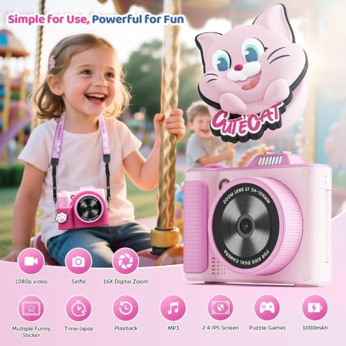 Kids Camera for Big Boys and Girls Flip Screen2.4+Telescopic Zoom 1080P Selfie Photo+Video Digital Camera for Age 5-12 with Cartoon Cover & SD Card Gift Best Chritmas Birthday Festival Gift(Pink)