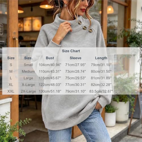 Mockneck Sweatshirt Sweatshirt for Women Trendy Mock Neck Button Decor Long Sleeve Pullover Top, Casual Loose Fit Solid Sweatshirts Gray