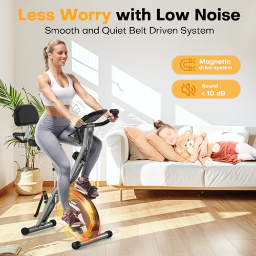 Vélo d'appartement, Vélo stationnaire 5-en-1 MOSUNY Ultra-Silencieux (10 dB), Vélo d'exercice pliable avec Résistance Magnétique Réglable sur 16 Niveaux, Vélo de cyclisme en intérieur de 159 kg pour Entraînement à Domicile