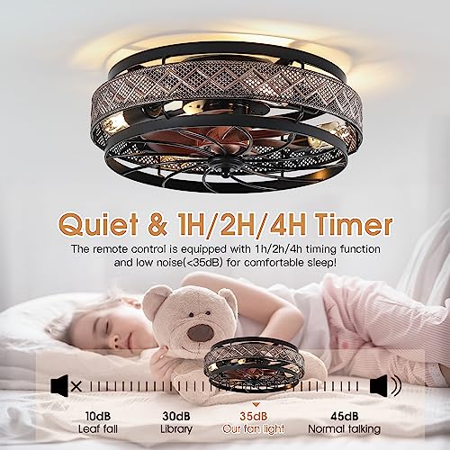 18" Low Profile Caged Ceiling Fans with Lights and Remote, Flush Mount Ceiling Fan with Light, Bedroom Fan, Small Industrial Black Ceiling Light Fixture, Reversible(Bulbs not Included)