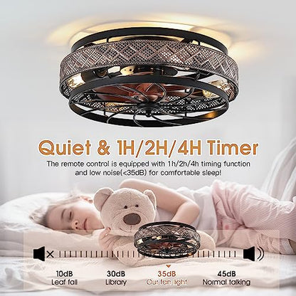 18" Low Profile Caged Ceiling Fans with Lights and Remote, Flush Mount Ceiling Fan with Light, Bedroom Fan, Small Industrial Black Ceiling Light Fixture, Reversible(Bulbs not Included)