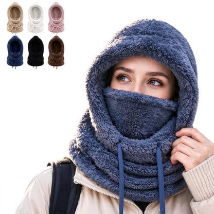 3 in 1 Winter Hooded Hat for Women Fleece Balaclava Face Mask Blue