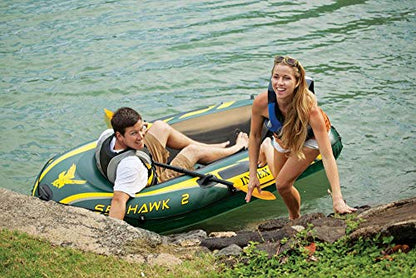 INTEX 68347EP Seahawk 2 Inflatable Boat Set: Includes Deluxe 48in Aluminum Oars and High-Output Pump – SuperStrong PVC – Fishing Rod Holders – 2-Person – 520lb Weight Capacity