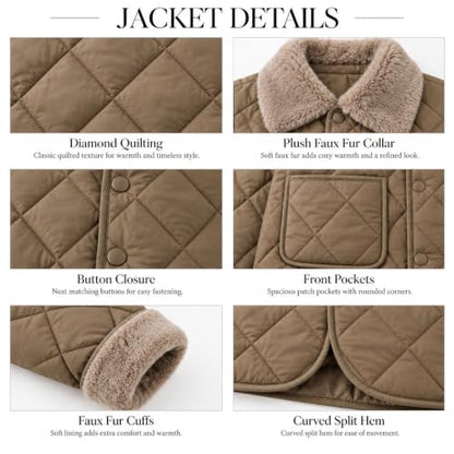 Women's Lightweight Quilted Jacket Faux Fur Collar Short Padded Coat Button Down Casual Mild Weather Outerwear with Pockets