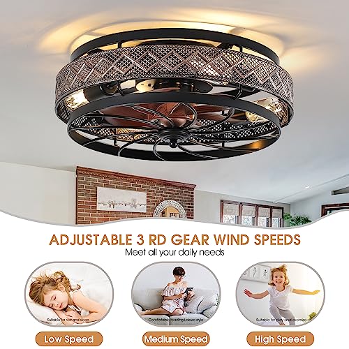 18" Low Profile Caged Ceiling Fans with Lights and Remote, Flush Mount Ceiling Fan with Light, Bedroom Fan, Small Industrial Black Ceiling Light Fixture, Reversible(Bulbs not Included)