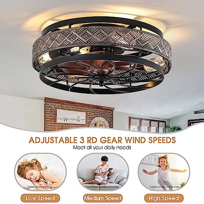 18" Low Profile Caged Ceiling Fans with Lights and Remote, Flush Mount Ceiling Fan with Light, Bedroom Fan, Small Industrial Black Ceiling Light Fixture, Reversible(Bulbs not Included)