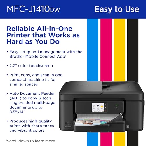 Brother Work Smart 1410 Wireless Color Inkjet All-in-One Printer with 2.7” Color Touchscreen and Automatic Duplex Printing | Includes Refresh Subscription Trial(1) (MFC-J1410DW)