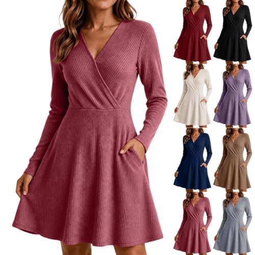 Knit Dress for Women V Neck Long Sleeve Mini Dresses with Pockets