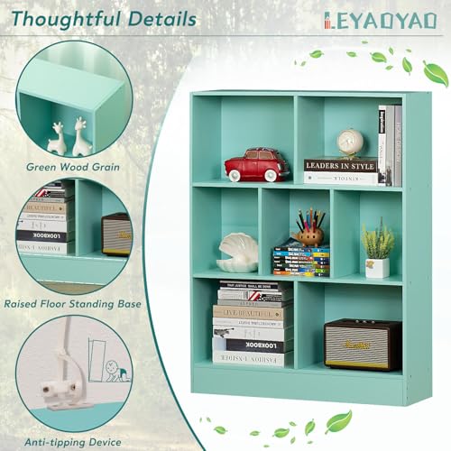 LEYAOYAO 7 Cube Bookshelf with Base,3 Tier Mid-Century Modern Bookcase,Standing Wide Bookshelves Storage Organizer Shelf,Rustic Wood Display Cabinet Book Shelves for Bedroom,Living Room,Office,Green