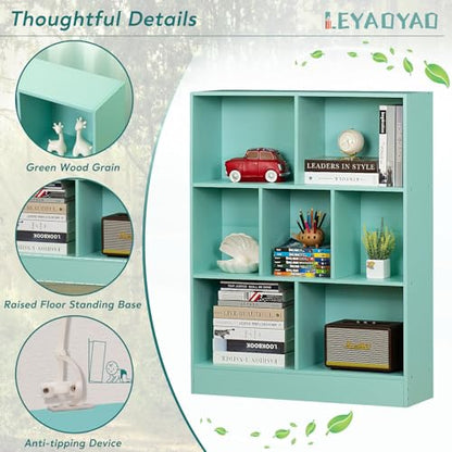 LEYAOYAO 7 Cube Bookshelf with Base,3 Tier Mid-Century Modern Bookcase,Standing Wide Bookshelves Storage Organizer Shelf,Rustic Wood Display Cabinet Book Shelves for Bedroom,Living Room,Office,Green