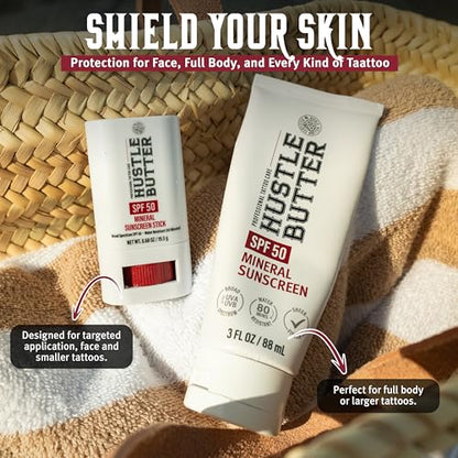 Hustle Butter Tattoo Aftercare Sunscreen - Tattoo Sunscreen Lotion - Fade Protection, SPF 50, Hydrating with Shea Butter & Coconut Oil, TSA-Friendly, Water Resistant, Non-Greasy, 3 oz