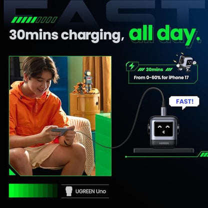 UGREEN Uno 30W USB C Charger, Nexode Robot GaN Fast Charger, Black | Compact Wall Charger Power Adapter, Compatible with iPhone 18 Pro Max, Galaxy S26 S25, Pixel 11, MacBook Air, iPad Pro