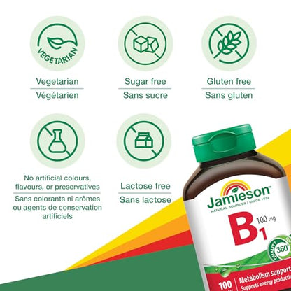Jamieson Vitamin B1 100 mg, Thiamine, Essential for Energy Metabolism, and Helps Prevent Vitamin B1 Deficiency. One Per Day, Vegetarian, Gluten-Free, 100 Tablets, Proudly Canadian