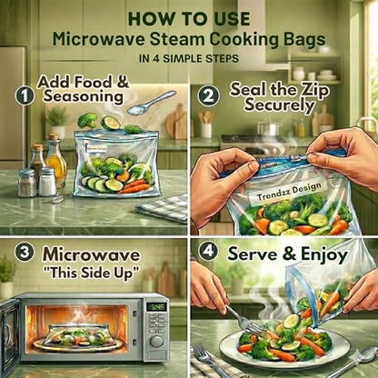 25 Pack Microwave Steamer Bags for Vegetables, Seafood & Potatoes, Zipper Closure, Reusable, Bpa Free, Steamer Bags for Microwave Cooking