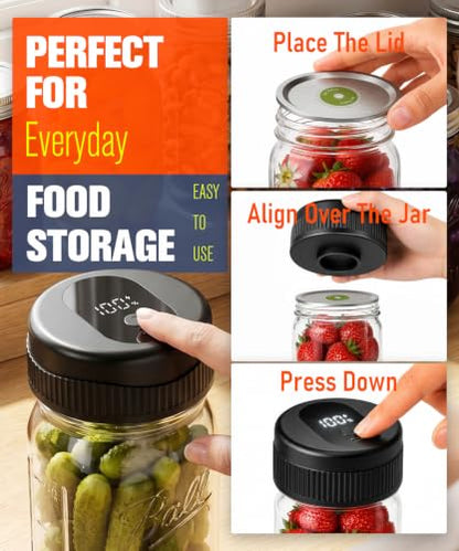 Mason Jar Vacuum Sealer Kit for Wide and Regular Mason Jars | USB Charging, Rechargeable 1200mAh Battery, Smart One-Touch Button, Portable Vacuum Sealer for Food Storage and Fermentation