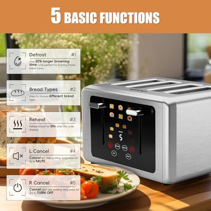 WHALL Smart Touch Screen Toaster 4 Slice with Wide Slots,6 Browning