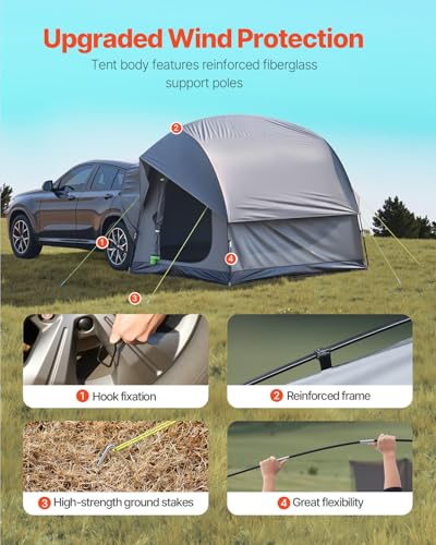 VEVOR SUV Tent for Camping, 8FT L x 8FT W, Waterproof PU2000mm Spacious Double Layer Design for 5-8 Person, SUV Camping Tent with Mesh Windows, Includes Rainfly & Storage Bag, for Outdoor Activities