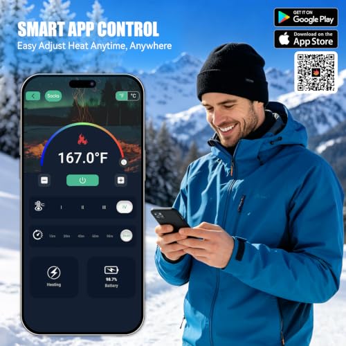 APP Heated Socks for Men Women, Rechargeable Electric 7000mah Skiing | Smart APP+Button, 7000mAh Rechargeable Battery, 4 Heat Settings Up to 158°F, Heated Socks for Hunting Camping Outdoor Work