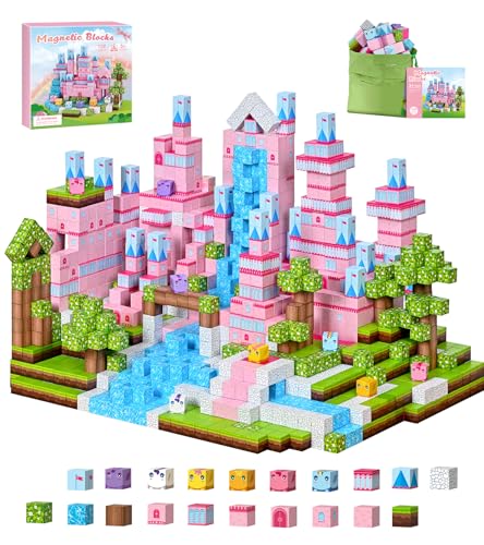 PINKCAT 100PCS Magnetic Blocks, Kids Building Pink Fantasy Castle Cubes, Stacking Tiles, STEM Sensory Toys for Toddlers, Kids Travel Essentials Toy, 3 4 5 6 7 8-12 Years Girls Boys Gifts