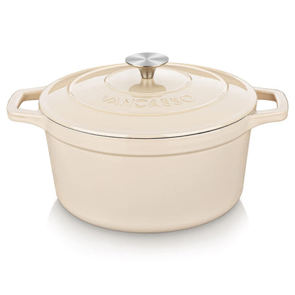vancasso Cast Iron Dutch Oven, 6 QT Round Pot with Lid and Dual Handles, Non Stick Enamel Coating for Bread Baking, White