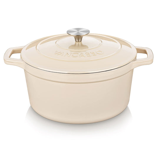 vancasso Cast Iron Dutch Oven, 6 QT Round Pot with Lid and Dual Handles, Non Stick Enamel Coating for Bread Baking, White
