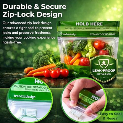 25 Pack Microwave Steamer Bags for Vegetables, Seafood & Potatoes, Zipper Closure, Reusable, Bpa Free, Steamer Bags for Microwave Cooking