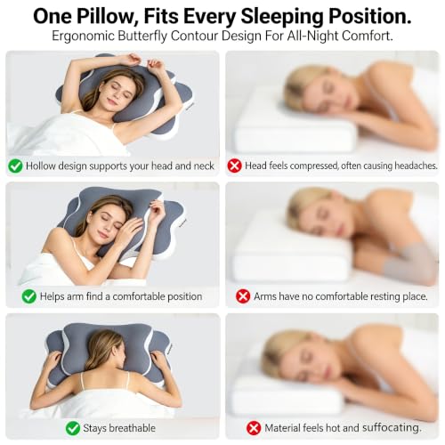 Cervical Neck Pillow Memory Foam, 2 in 1 Butterfly Contour Pillow for Neck Pain Relief, Ergonomic Support Pillow with 2 Heights for Side Back Stomach Sleeper, Breathable Ice Silk Cover