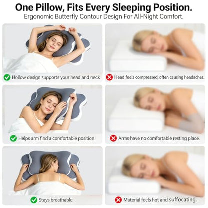 Cervical Neck Pillow Memory Foam, 2 in 1 Butterfly Contour Pillow for Neck Pain Relief, Ergonomic Support Pillow with 2 Heights for Side Back Stomach Sleeper, Breathable Ice Silk Cover