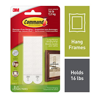 Command Large Picture Hanging Strips, Damage Free Hanging Picture Hangers, Wall Hanging Strips for Back to School Dorm Organization, 4 White Adhesive Strip Pairs(8 Command Strips)
