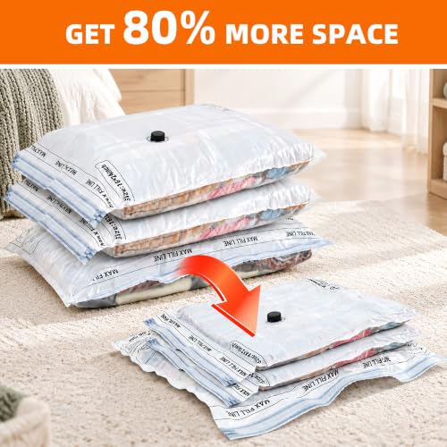 Vacuum Storage Bags for Travel with Rechargeable Pump, 12 Pack, 3 Sizes | Reusable vacuum sealer bags for clothes, luggage, suitcase and closet storage; clear front for easy viewing and opaque back
