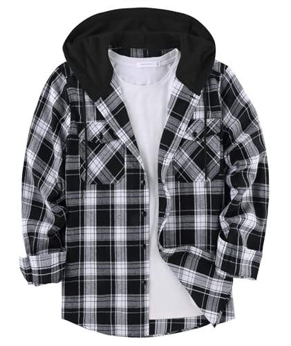 ZITY Mens Flannel Plaid Shirt Jacket Button Down Hoodie with Front Pockets