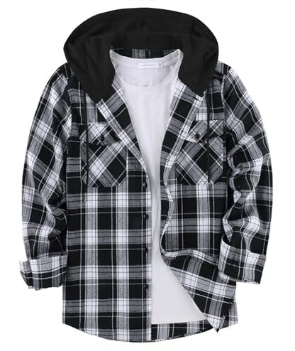 ZITY Mens Flannel Plaid Shirt Jacket Button Down Hoodie with Front Pockets
