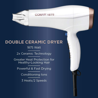 Conair Double Ceramic 1875W Hair Dryer, 3 Heat/ 2 Speed Blow Dryer, Powerful and Fast Drying, Includes Concentrator, Cool Shot Button, Removable Filter, White, Travel hair dryer : Amazon.ca: Beauty & Personal Care