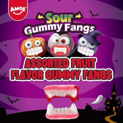 AMOS Sour Gummy Fangs, 240g Sour Sand Vampire Teeth Gummy Candy, Individually Wrapped Halloween Treats for Kids & Parties Approx 32 Pieces