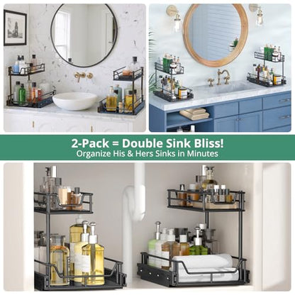 2-Pack Under Sink Organizer Value Set, 54kg Total Load - Easy-Glide Steel Pull-Out Drawers & Slide-Out Storage for Kitchen & Bathroom Cabinets, Fits Height≥48cm & Depth≥46cm 2X Storage Solution Black