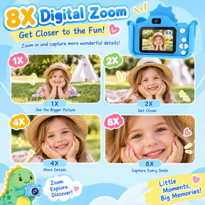 Kids Digital Camera, 1080P HD Video Camera for Toddlers with 32GB SD Card, Dinosaur Protective Case, Card Reader, Fun Selfie Toy Camera for Ages 3-12, Christmas/Birthday Gift for Boys & Girls