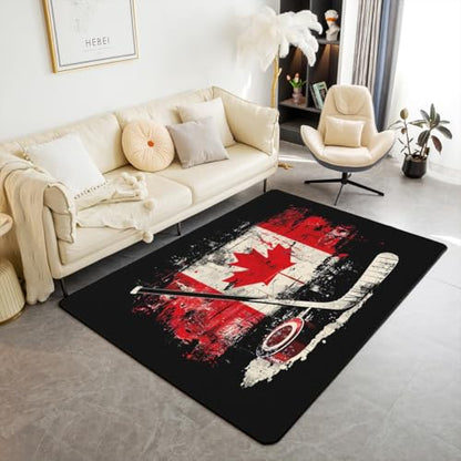 Feelyou Kids Ice Hockey Area Rug 3x5 Canada Flag Living Room Rugs for Boys Girls Winter Sports Decorative Carpet Indoor Floor Mat