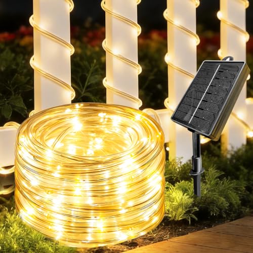 DREAMLAND 66FT Solar Rope Lights, Outdoor String Lights, 200 LED Tube Tree Lights IP65 Waterproof, 8 Lighting Modes Patio Garden Party Wedding Christmas Decorations, Warm White