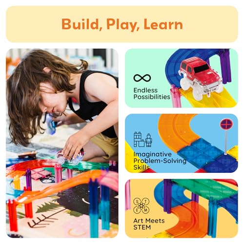 PicassoTiles 100 Piece Race Track Set, Magnetic STEM Toy, LED Cars, Ages 3+