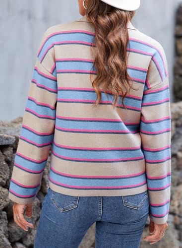 EVALESS Women's Striped Pullover Sweaters Polo V Neck Henley Shirt Cute Daily Winter Chunky Colorblock Sweater Autumn Top Thanksgiving Fashion Outfits L Apricot