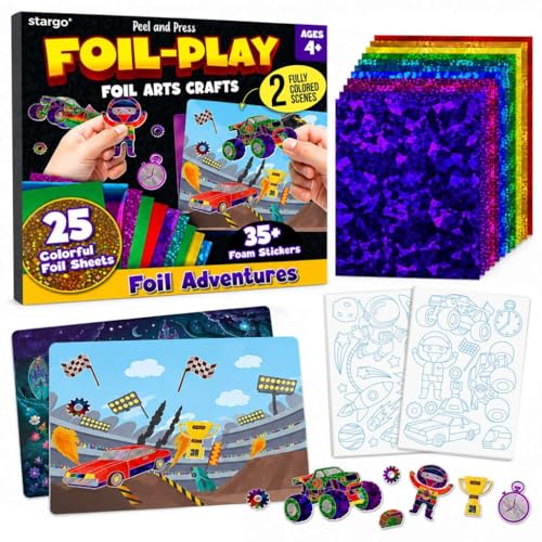 stargo 2 Pack – Foil Art Kit for Kids, Fun Craft Set with Stickers & Foil Sheets – Creative Arts & Crafts Activities for Gifts, Birthday Party, Girls, Boys Ages 4-8, 4-6, 5 6 7 8