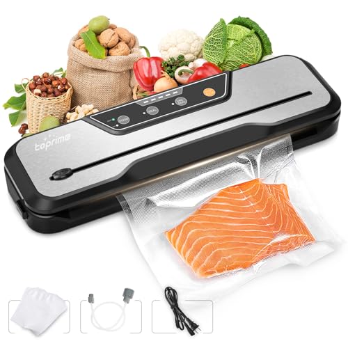 Toprime Automatic Vacuum Sealer Machine, 80kPa Powerful Food Sealer Built-in Cutter with Sealing Bag and Hose, Vacuum Air Sealing System for Seal a Meal and Sous Vide