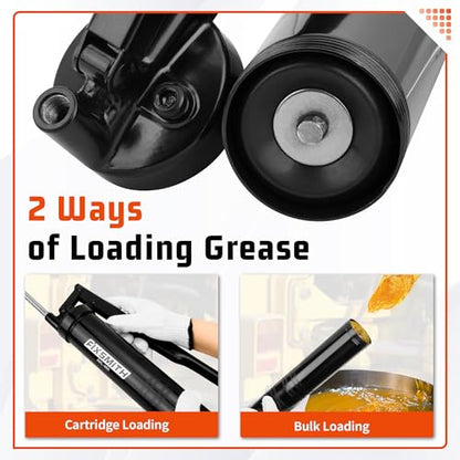 FIXSMITH Professional Lever Action Grease Gun- Heavy Duty Construction-10,000 PSI Max Pressure,Includes 12" Reinforced Flex Hose & 7" Rigid Extension,2-Way Loading-14 oz.Cartridge & Bulk Fill.