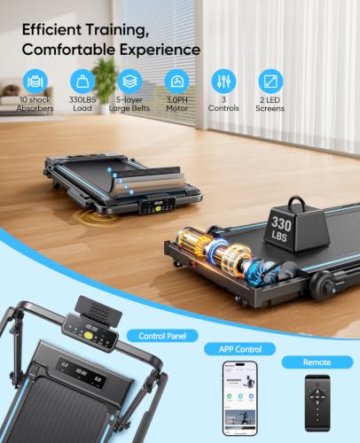 6-in-1 Folding Treadmill for Home with Removable Table, 3.0HP Walking Pad with Incline up to 12%, 12 km/h Foldable Walking Pad Treadmill with 15 cm Telescopic Handle and RGB Lights,330LBS Load