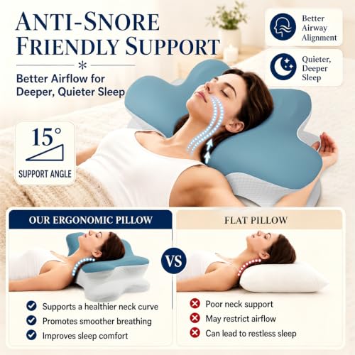 Cervical Neck Pillow for Neck and Shoulder Pain Relief, Ergonomic Memory Foam Contour Pillow with Armrest Grooves, Cooling Washable Cover & Dual-Height Support for Side and Back Sleepers