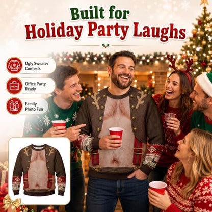 Ugly Christmas Sweatshirt for Men Fake Santa Print Long Sleeve Crew Neck Pullover Tops Funny Holiday Novelty Clothes Men Sweatshirt Large Khaki